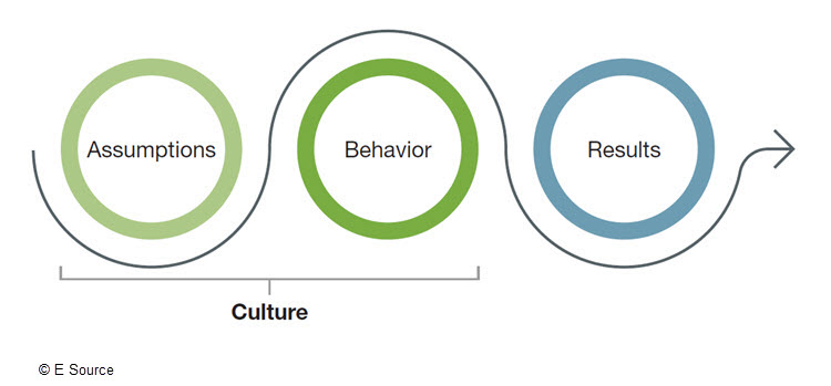 a diagram with 3 circles: one green circle says 'assumptions' in the middle, a second darker green circle says 'behavior' in the middle, and a third blue circle says 'results' in the middle. An arrow moves around each circle, pointing toward the end after the blue results circle, bypassing the first two circles by going around them in a section labeled 'culture.'
