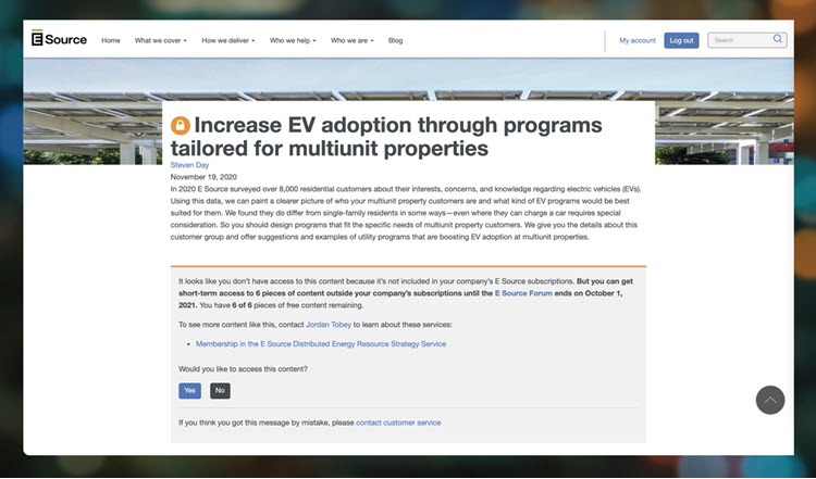 screenshot of a report that is usually locked and only available to certain memberships with a window added offering access to a wider audience for a limited time. The offer warns that they can view up to 6 pieces and asks if they’d like to include the one we are looking at.