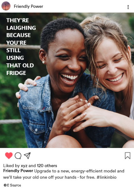 Meme for appliance replacement Two women laughing because they encouraged each other to replace their refrigerators