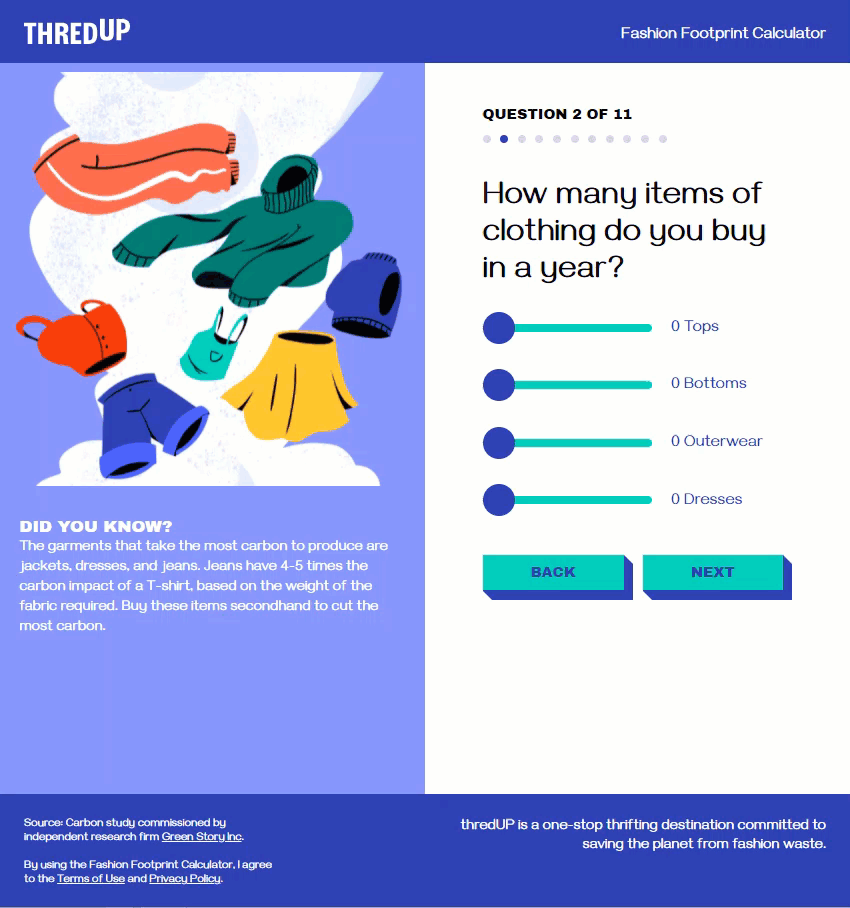Screenshot of a page of the questionnaire, in which thredUP provides a fact about how the behavior affects the environment