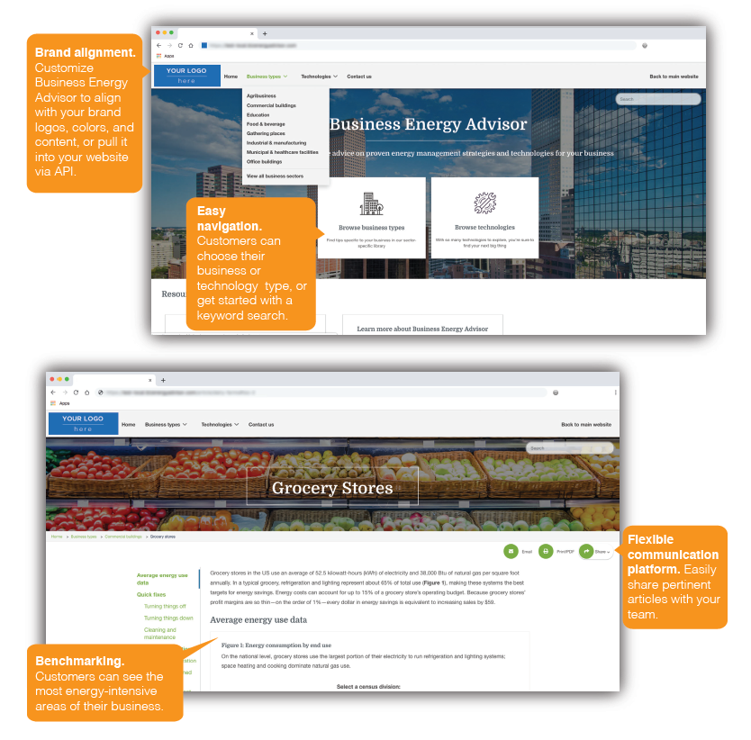 Screenshots of the BEA product, showing places that can be customized