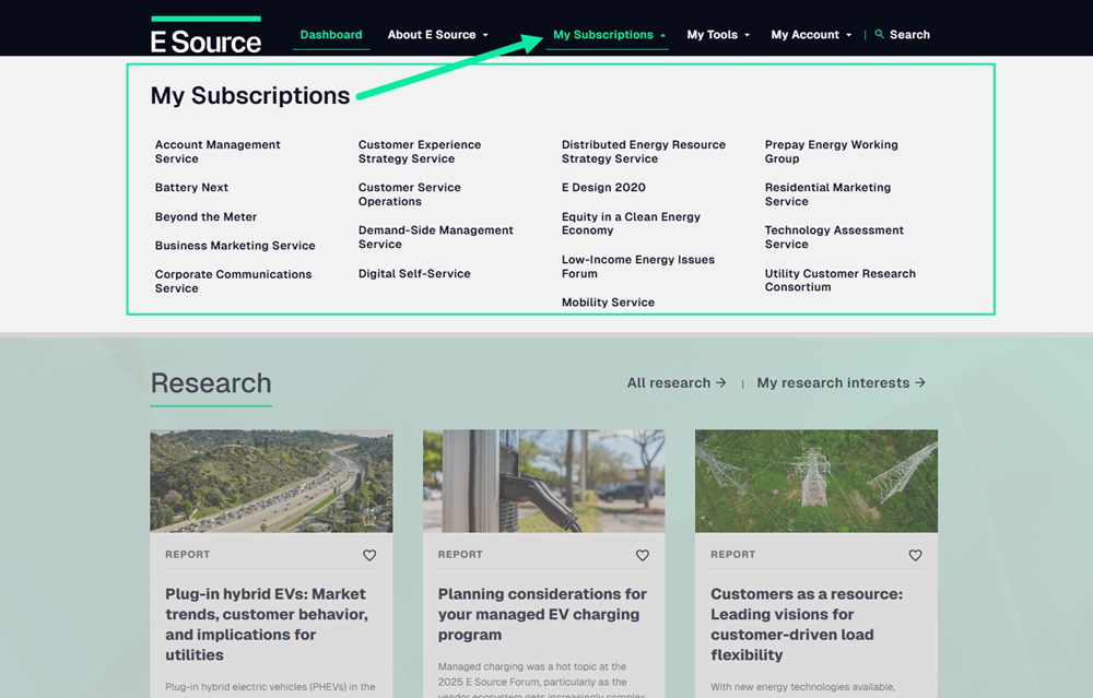 The esource.com home page with the company memberships listed in the subscriptions menu