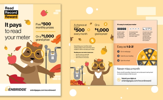 An example of Enbridge's campaign material showing Merle the Squirrel and the digital wheel customer's could spin for possible prizes.
