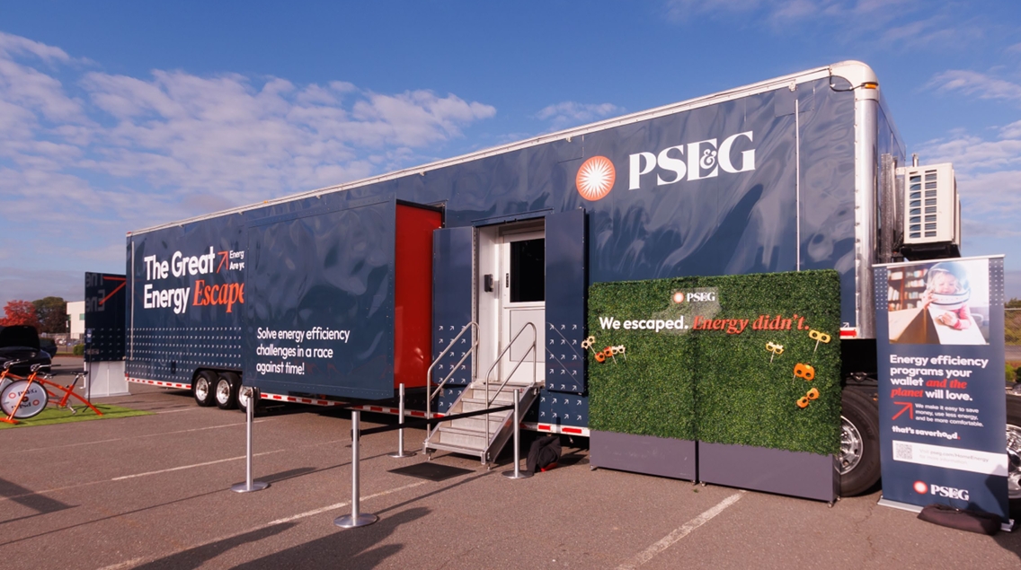 The Public Service Electric & Gas Co. mobile escape trailer set up in a parking lot.