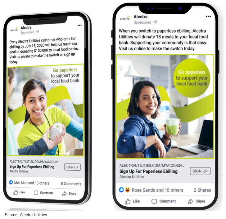 Image of Alectra Utilities' Facebook and Instagram ads promoting paperless billing.