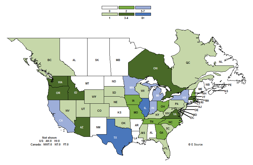 Map of the US and Canada showing the number of smart thermostat programs in each state or province.