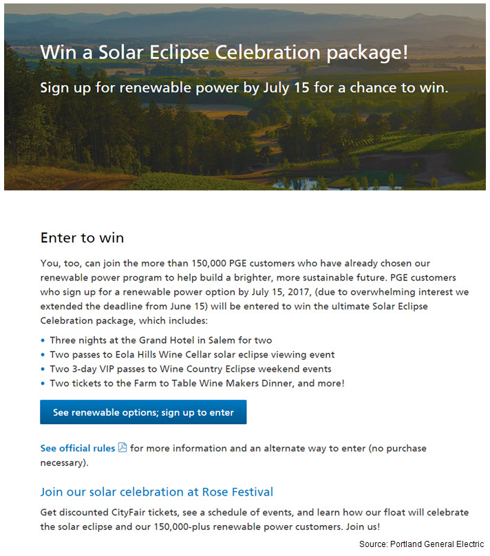 PGE Win a Solar Eclipse Celebration package sweepstakes Screen capture of Portland General Electric Win a Solar Eclipse Celebration package sweepstakes