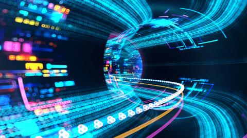 Abstract digital tunnel with glowing blue and multicolor data streams.