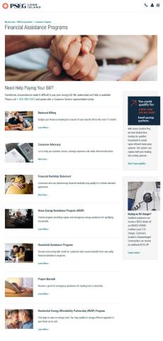 A screenshot of PSEG Long Island's financial assistance programs page. Users can select from a list of options, such balanced billing, consumer advocacy, financial hardship statement, home energy assistance program, household assistance program, project warmth, or residential energy affordability partnership program. They can also learn more about if they qualify for a low- or no-cost heat pump system or an EV charging rebate.