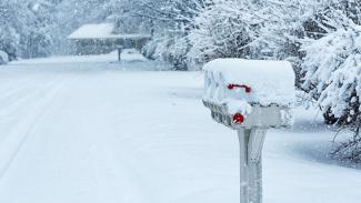 Mailbox covered in snow on a snowy roadside