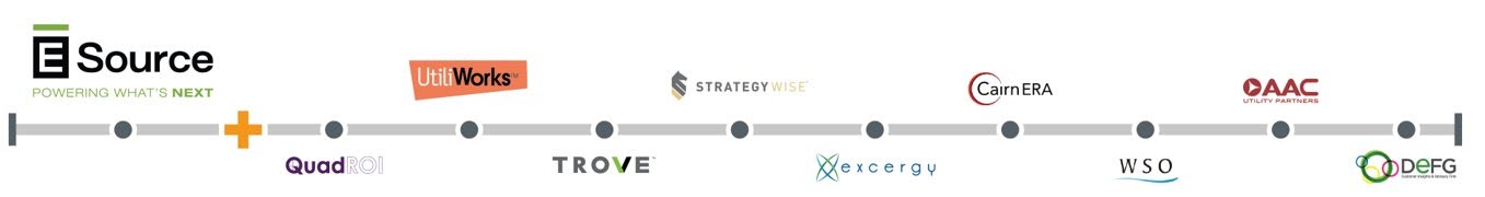 A timeline of logos: E Source now includes QuadROI, UtiliWorks Consulting, TROVE Data Science, StrategyWise, Excergy, Cairn ERA, WSO, AAC Utility Partners, and DEFG