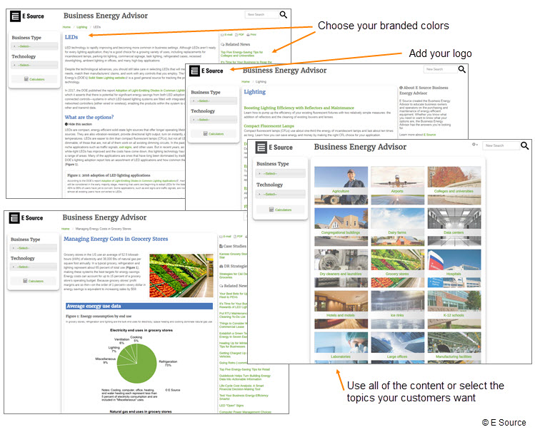 Screenshots of the BEA product, showing places that can be customized